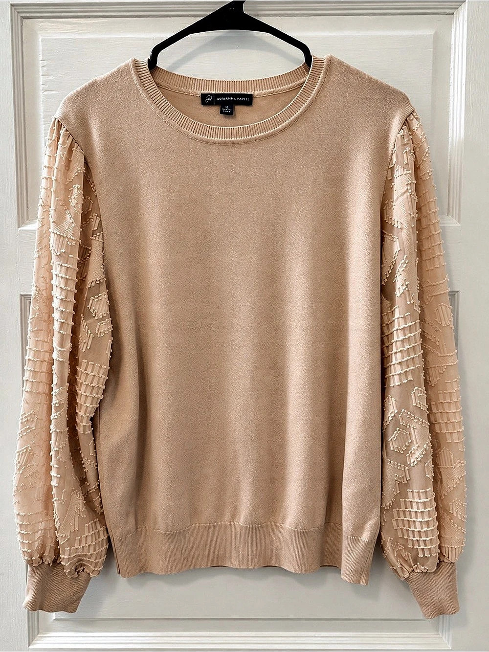 Adrianna Papell Clip Dot Sleeve Twofer Sweater Textured Sleeve Sweater in Pink